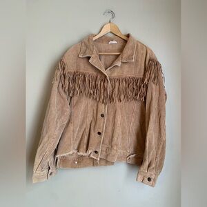 POL tan Rough Fringe Corduroy Jacket studded coat distressed boho coastal